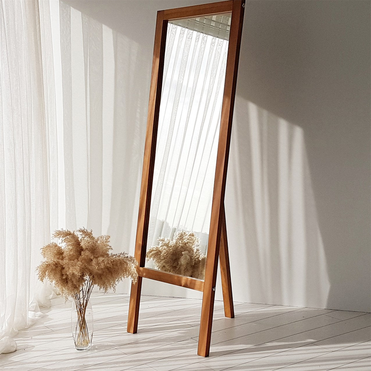 Legly - Solid Wood Standing Mirror Home Decor, Full Length Glass Mirror with Hangers