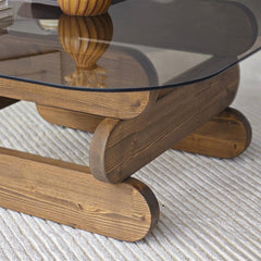 Jenga - Unbrekable Square Glass Top Coffee Table, Solid Wood Base Center Table