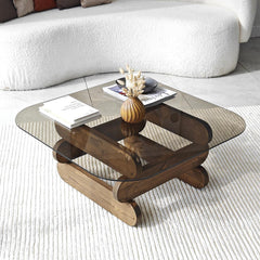 Jenga - Unbrekable Square Glass Top Coffee Table, Solid Wood Base Center Table